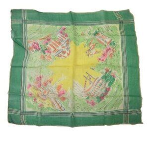 VTG 1940s Sheer Semi Silk Handkerchief Scenic Print Green historical romantic